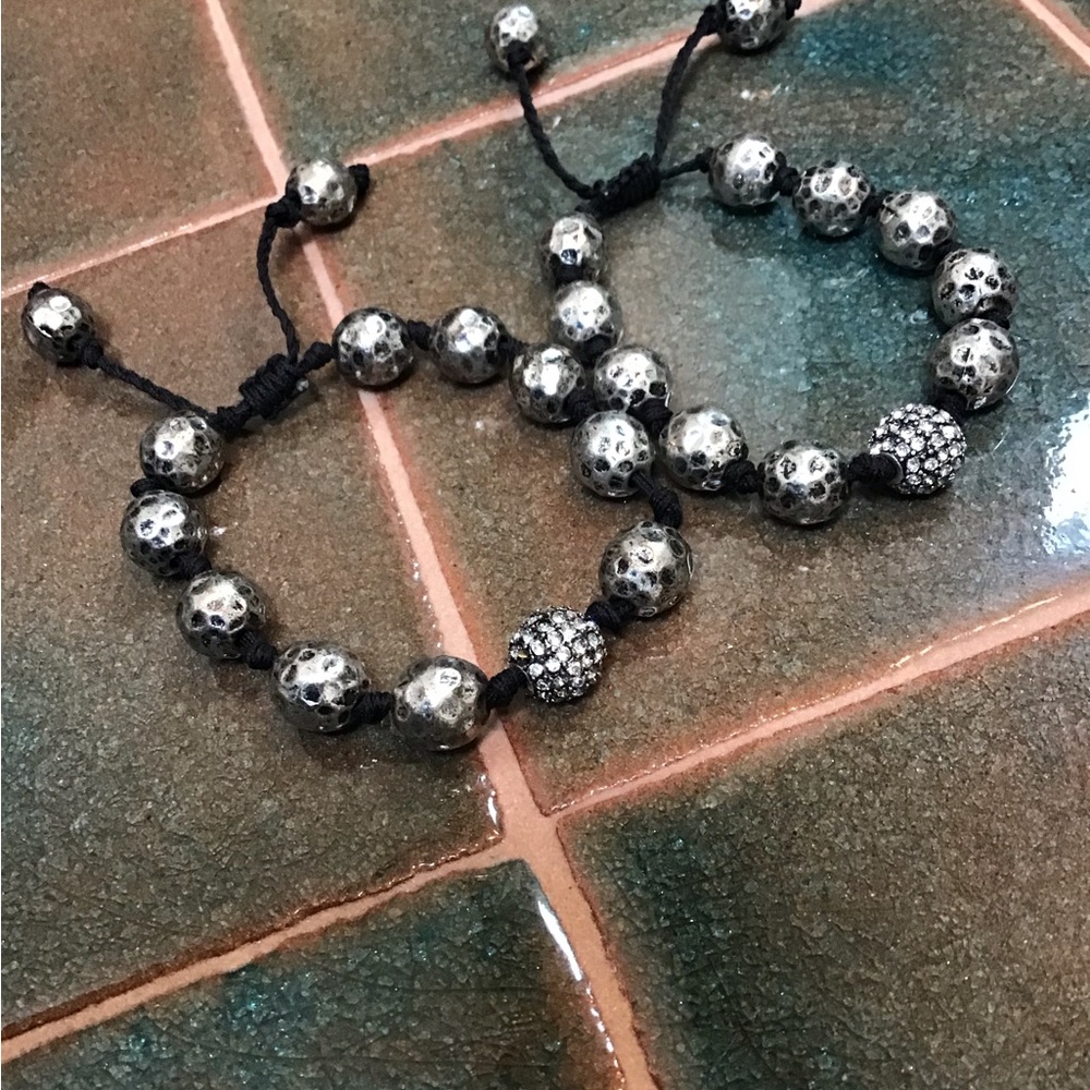 SET OF TWO HAMMERED SILVER BEAD ADJUSTABLE BRACELETS